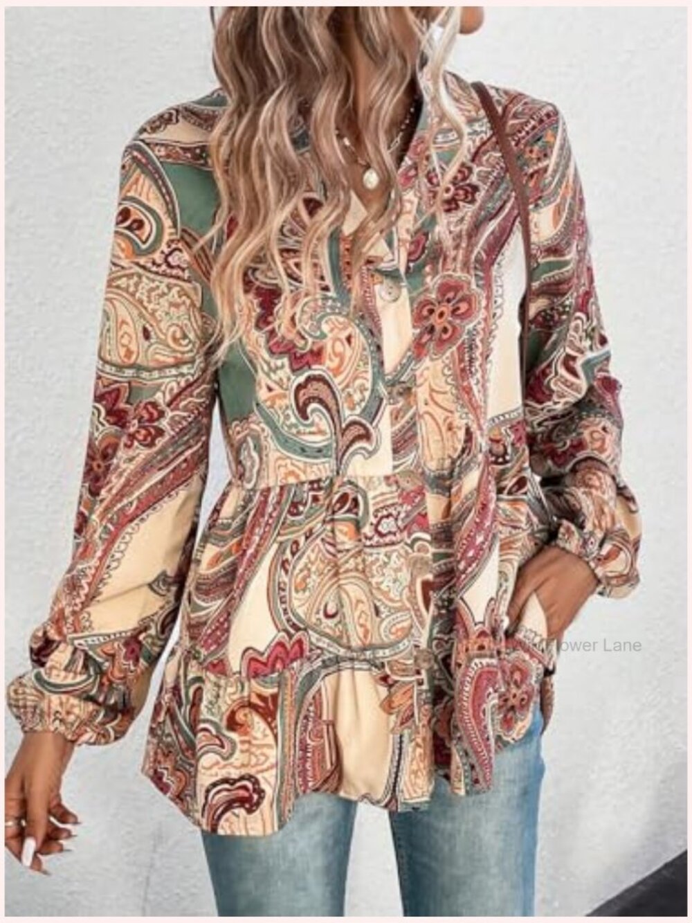 Boho Paisley Printed Notched V Neck Bishop Long Sleeve Ruffle Hem Blouse Peplum - Picture 3 of 5